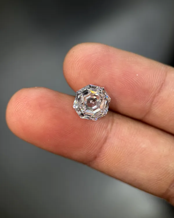 Octagonal step cut lab grown diamond, real photo